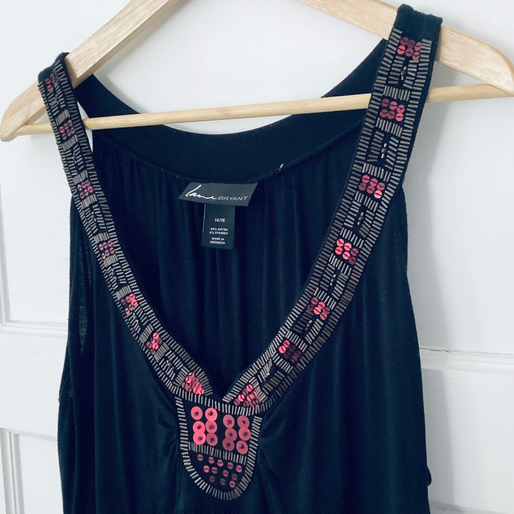 Lane Bryant Maxi Black Jersey Knit Dress Beaded Neckline Tribal Elegant Stretchy